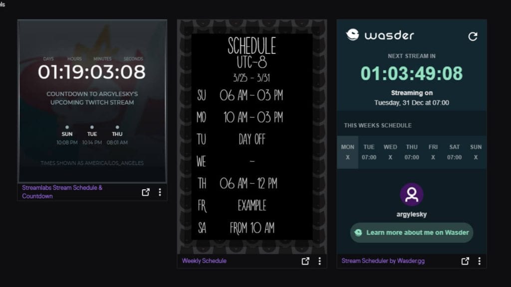 Twitch profile countdown schedules
