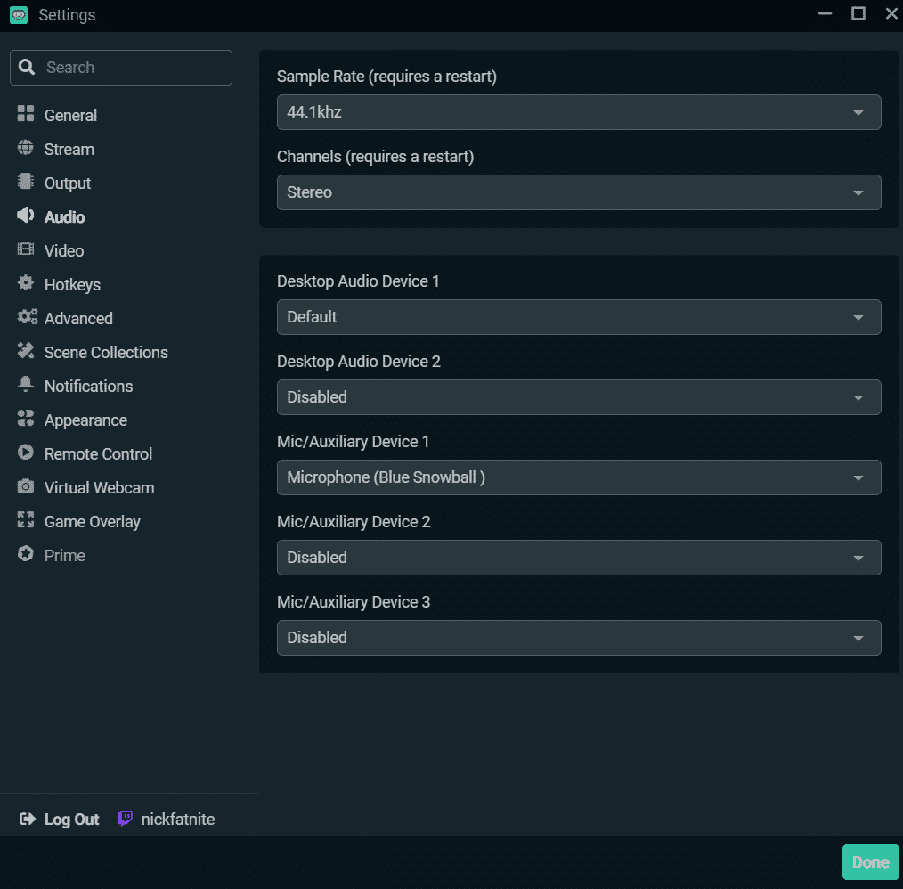 audio settings for slobs