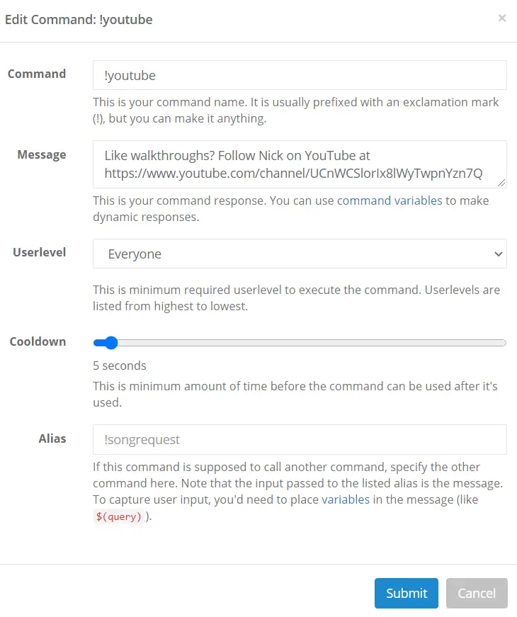 edit youtube commands