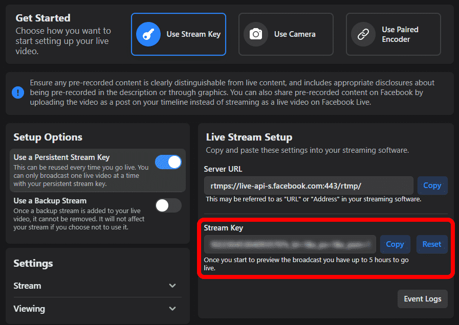 facebook stream key 