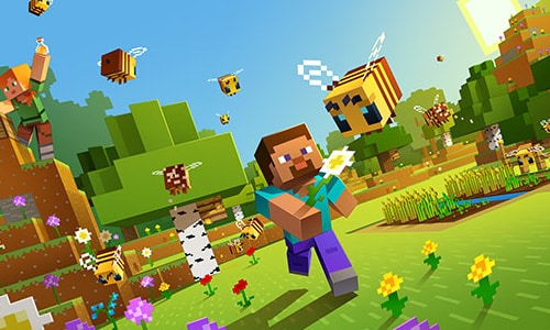 minecraft steve running through a plains biome