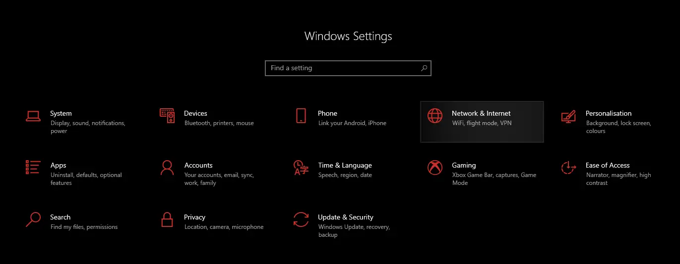 window settings network and internet