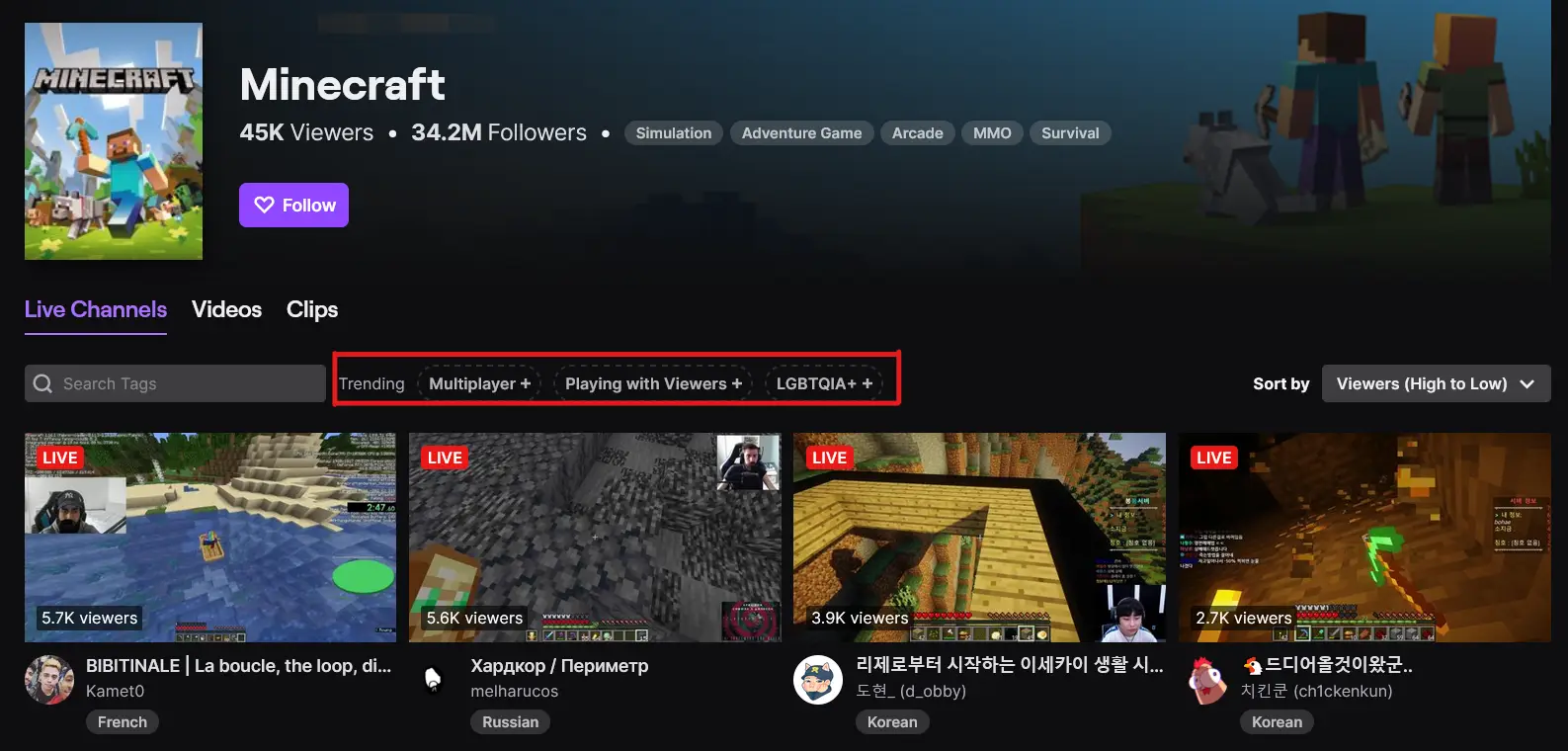 Twitch minecraft trending tags
