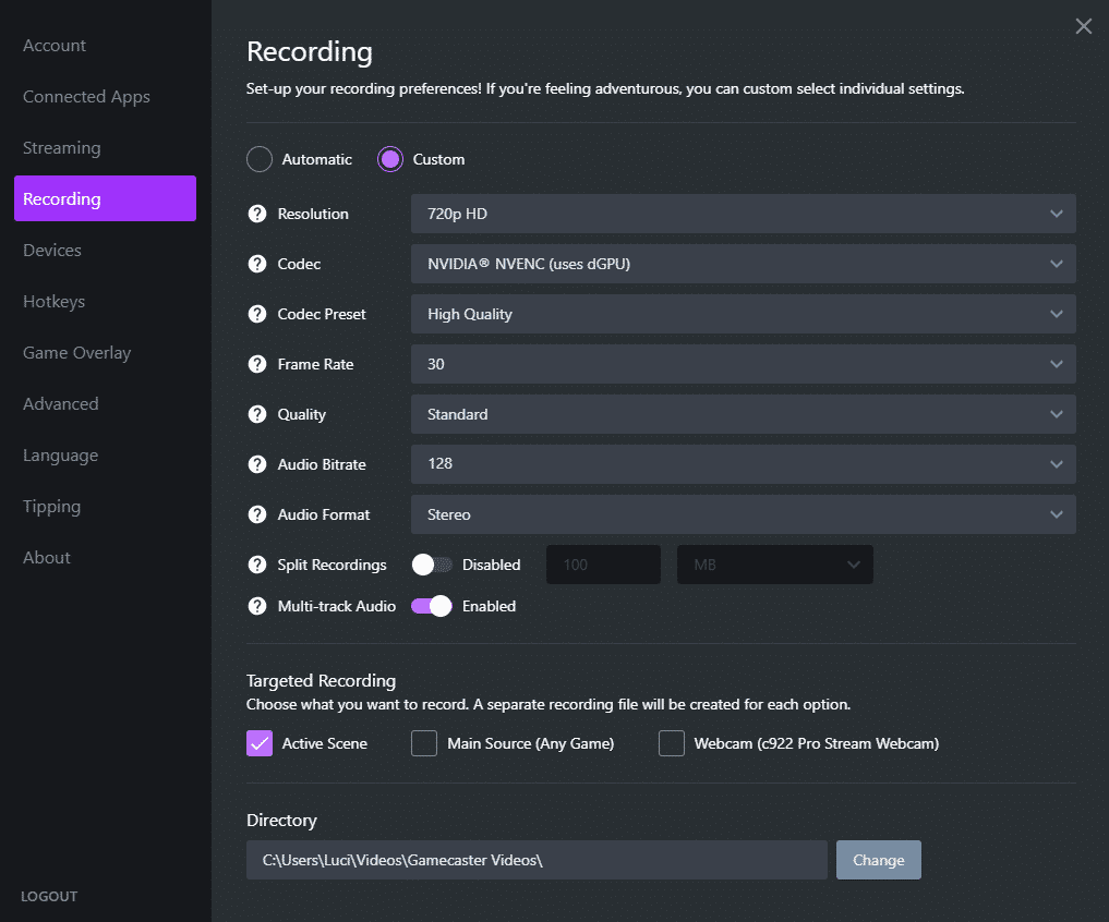 gamecaster recording settings