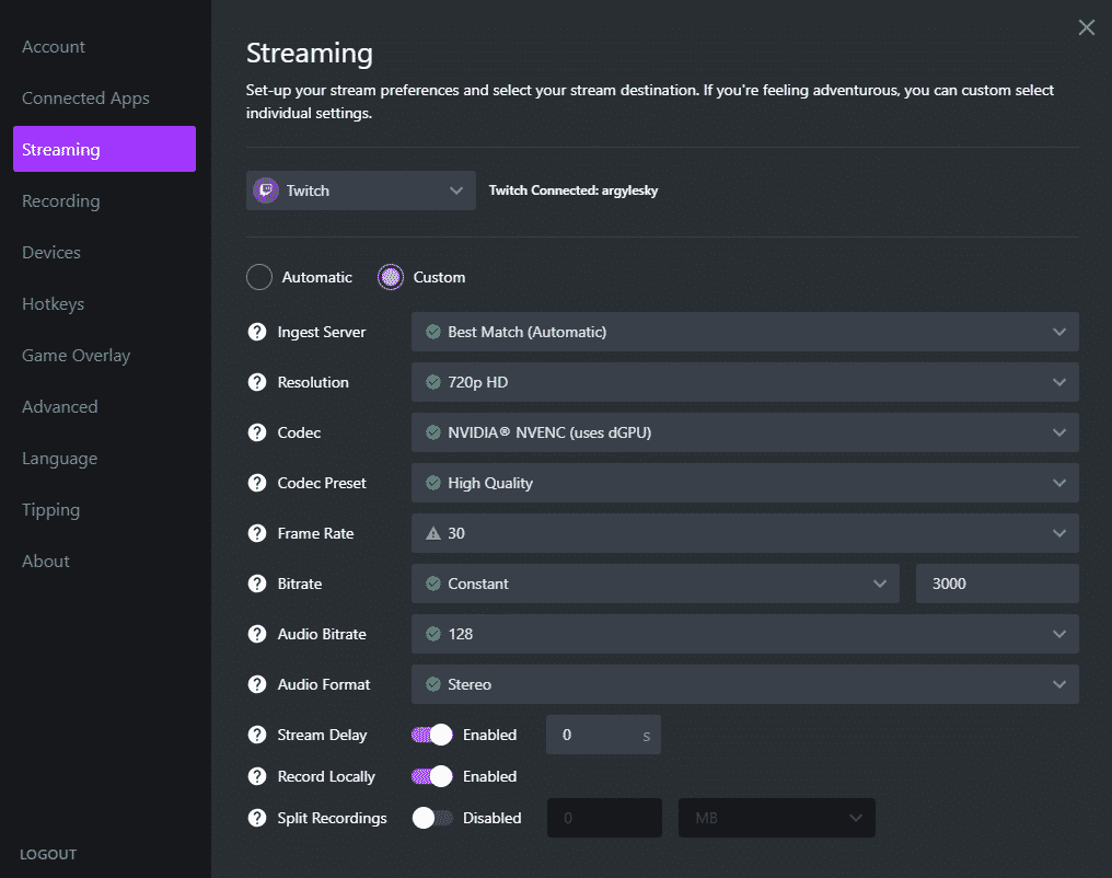gamecaster streaming custom settings