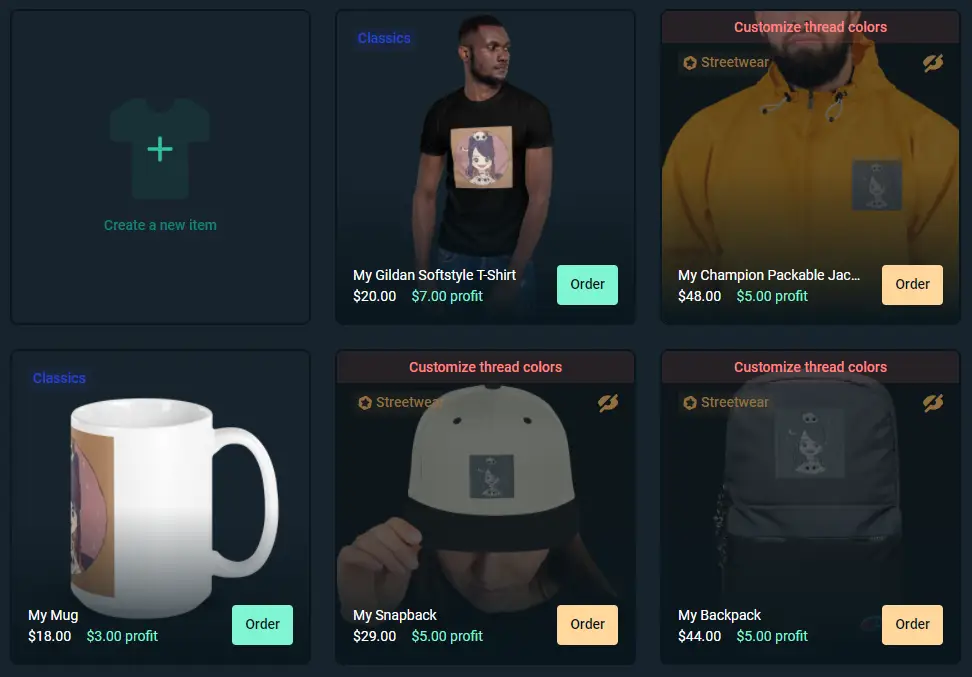 streamlabs merch store product options
