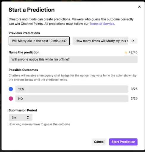 twitch start a prediction form