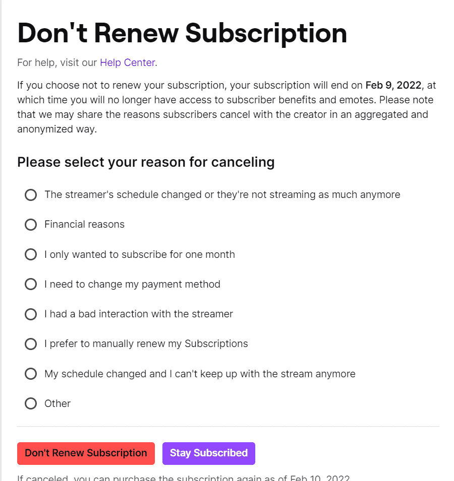 Don't renew subscription