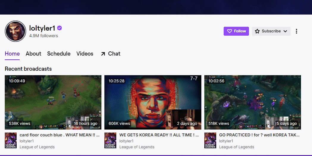 Screencap og Tyler ( loltyler1 ) Twitch account