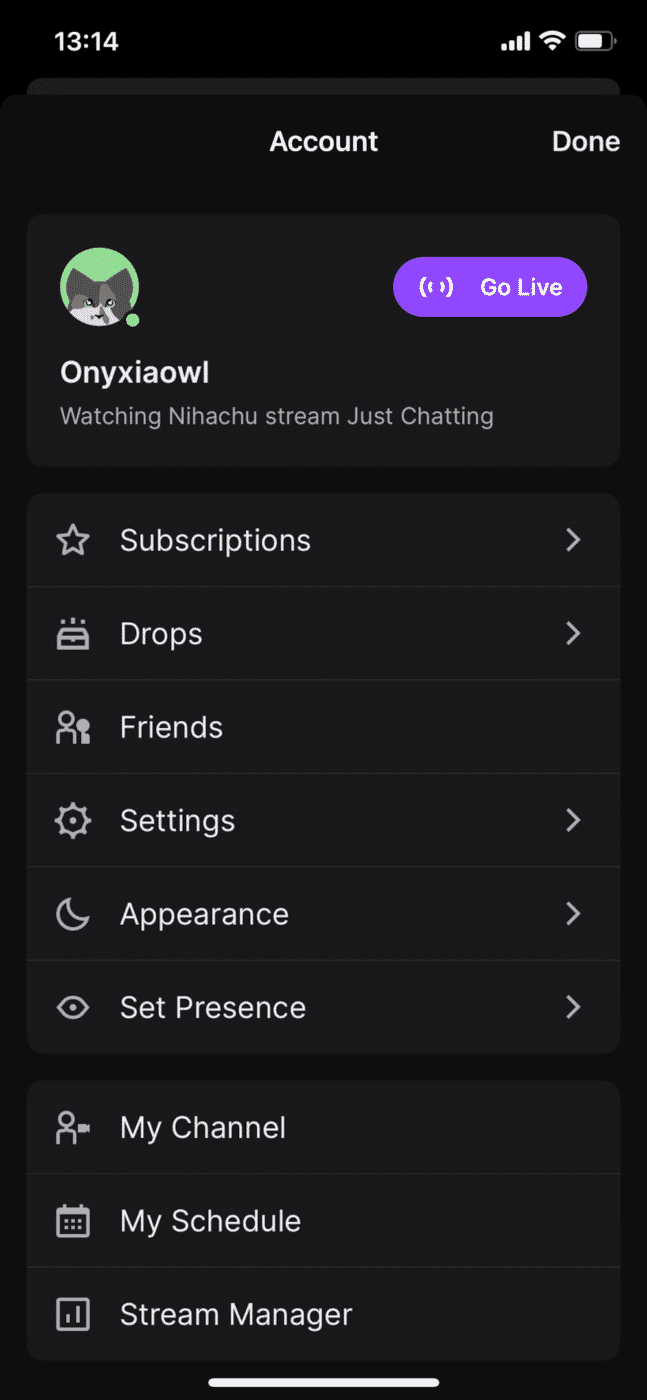 twitch account settings iphone ios mobile app