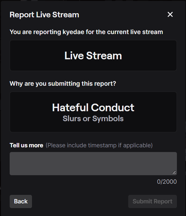 Tell Us More section when submitting a report on Twitch.
