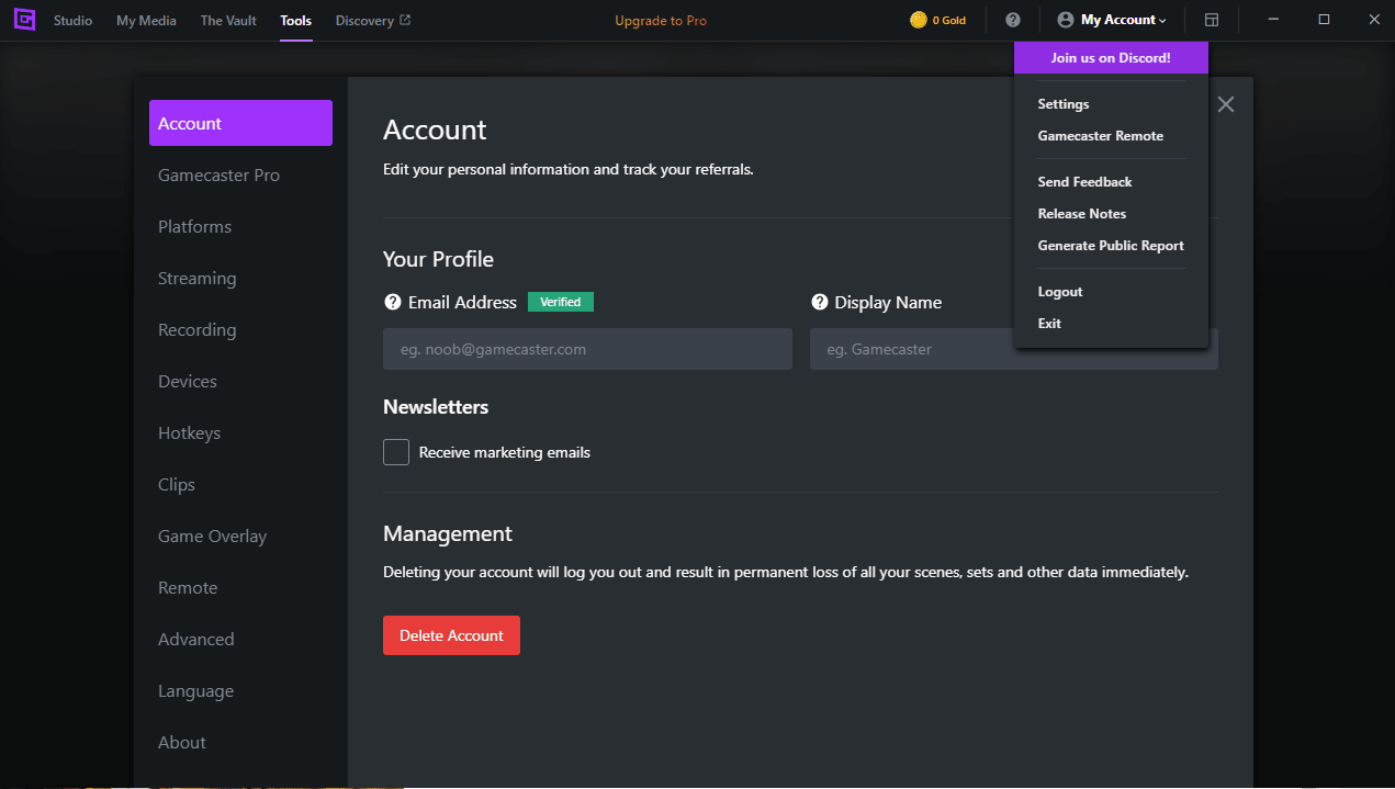 Gamecaster account settings panel