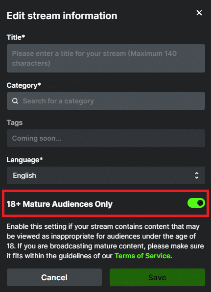 Your stream info must reflect that the content is 18+