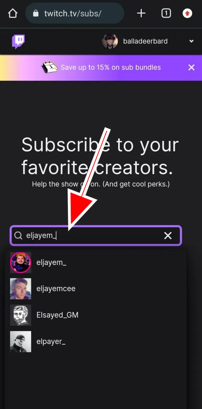 search for streamer on mobile